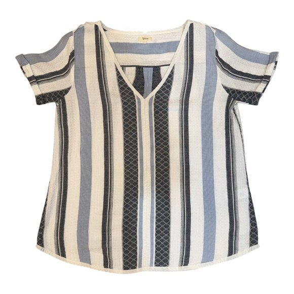 Yerse Blue & White Stripe Textured Cotton V-Neck Short Sleeve Top Women's Size L - Picture 5 of 13
